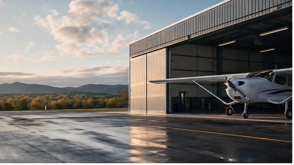 Private aircraft near a hangar at sunrise