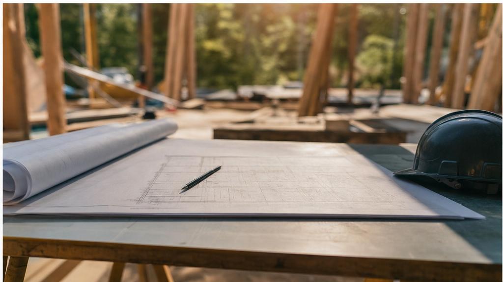 Construction planning documents and hard hat on a work table