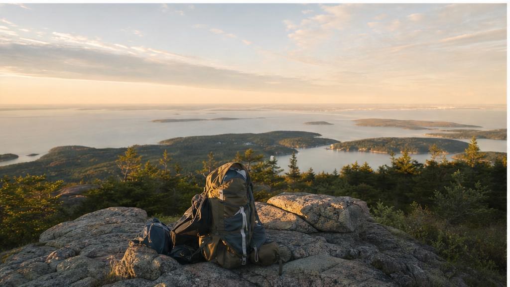 Backpack overlooking a coastal mountain landscape