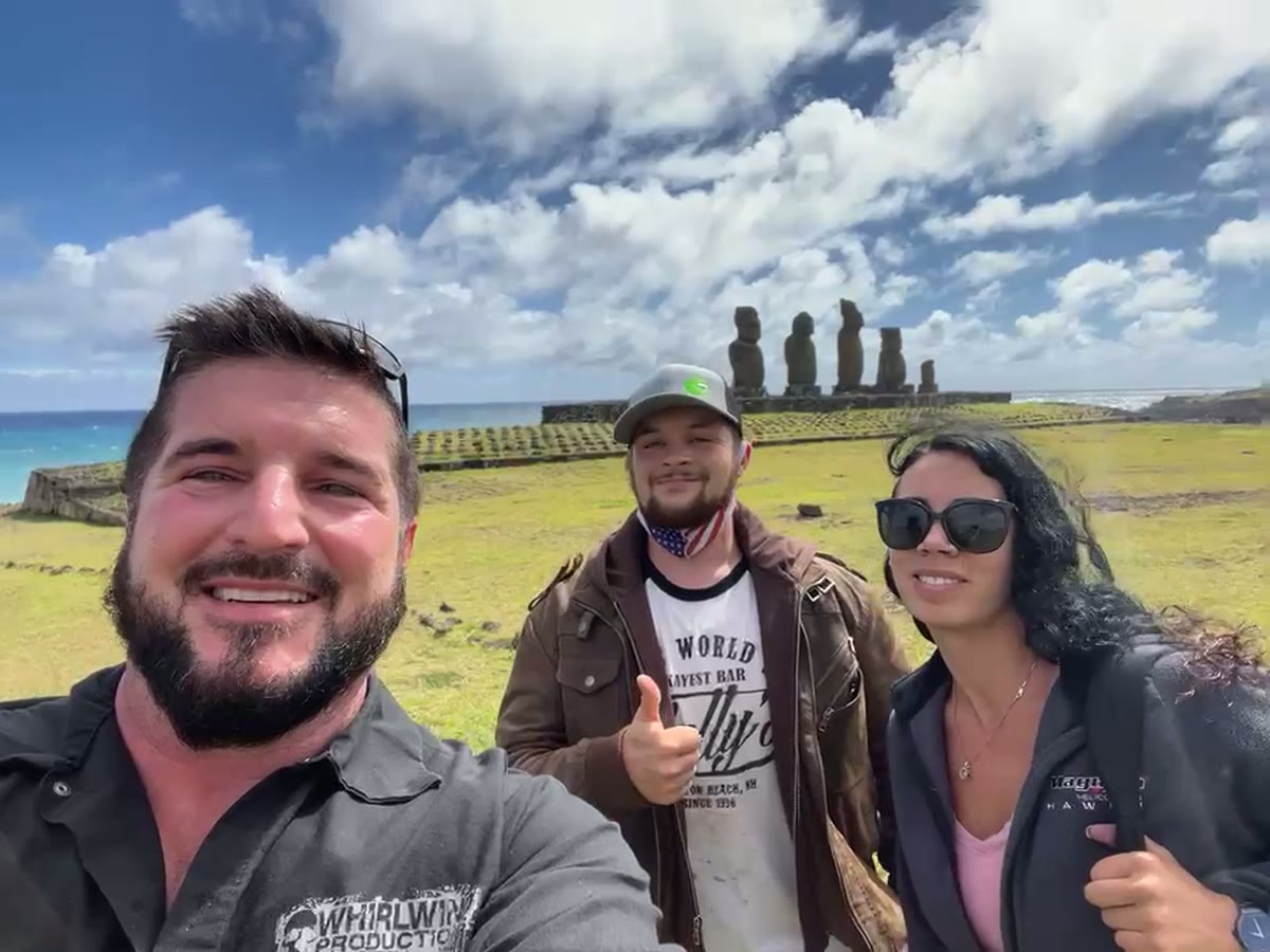 Barry Billcliff group travel video still near moai statues on Easter Island, Rapa Nui, Chile
