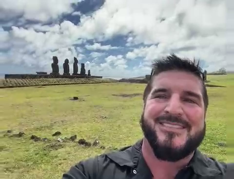 Barry Billcliff travel video still near moai statues on Easter Island, Rapa Nui, Chile