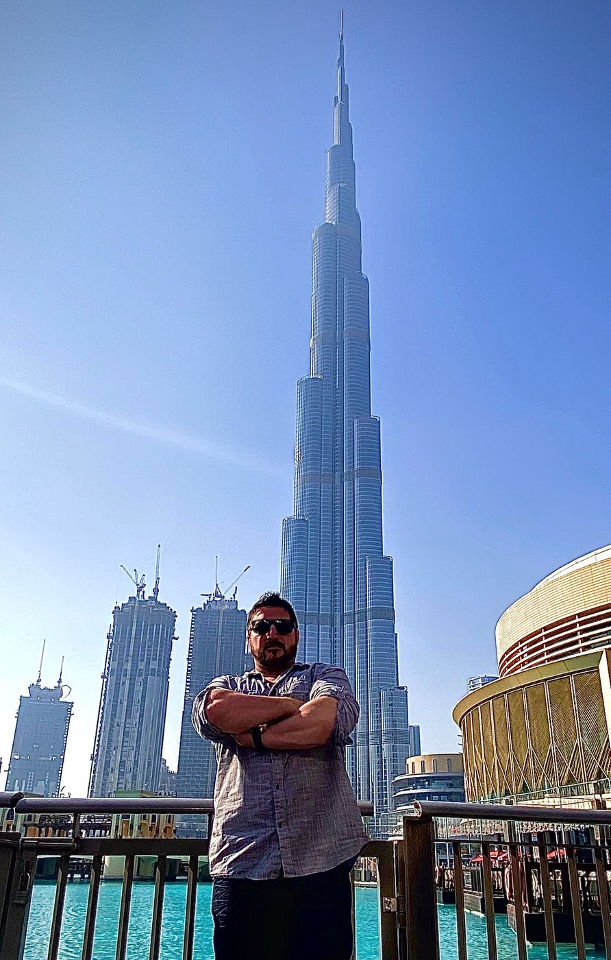 Barry Billcliff travel portrait at the Burj Khalifa skyline in Dubai