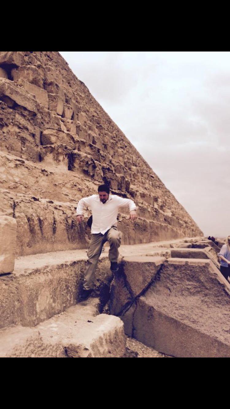Barry Billcliff exploring pyramid stonework at Giza in Egypt