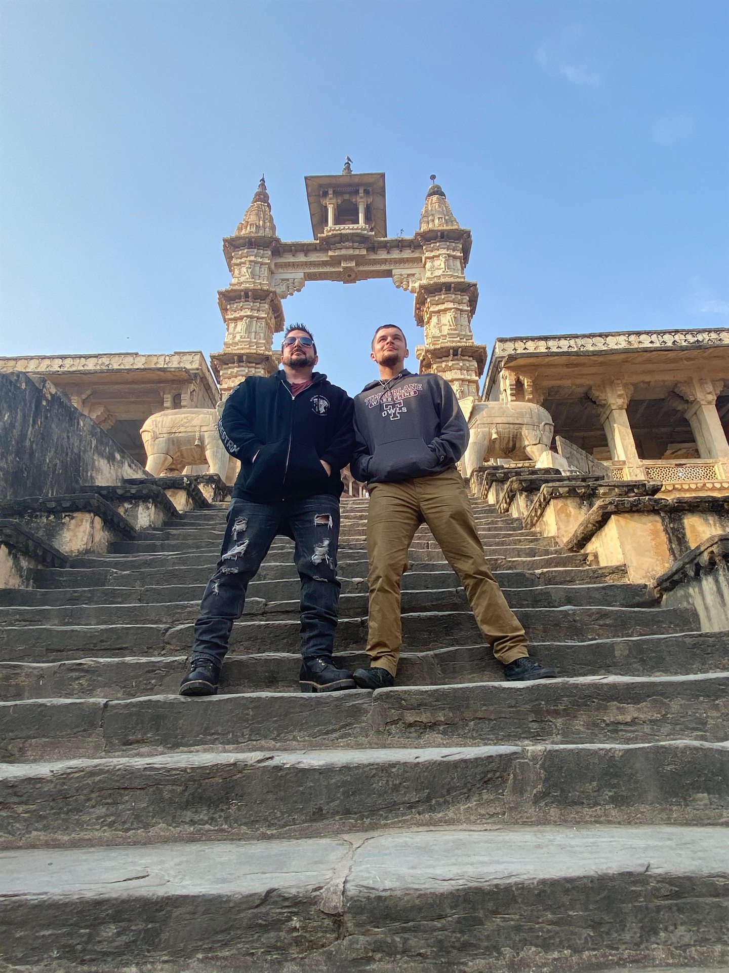Barry Billcliff family travel photo on a historic temple stairway in India