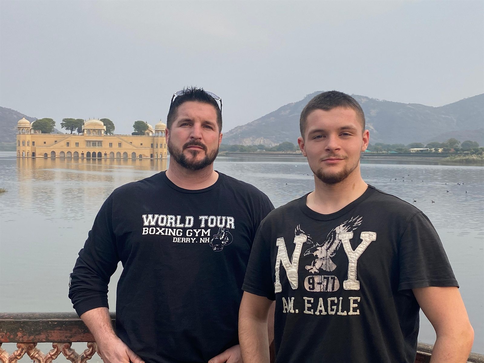 Barry Billcliff family travel photo near Jal Mahal lakeside palace in Jaipur, India