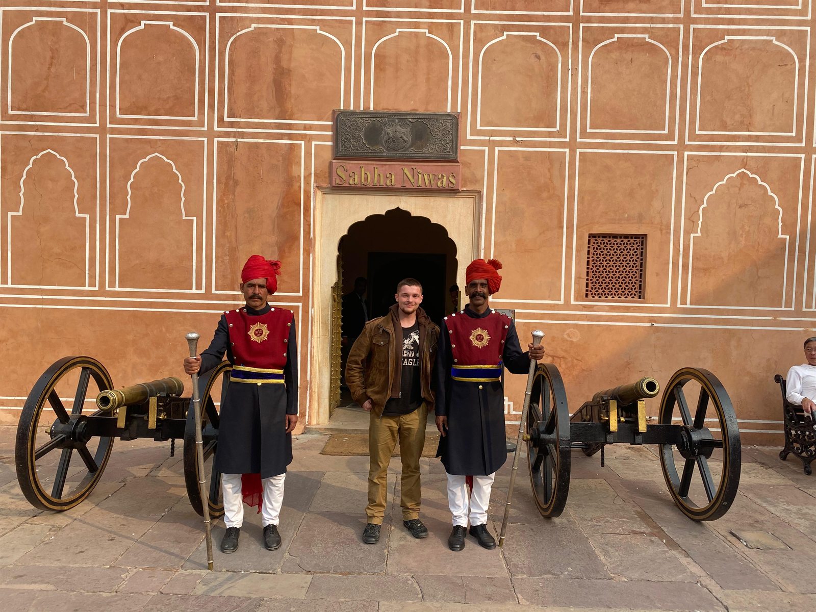 Barry Billcliff family travel photo at the Sabha Niwas historic palace entrance in India