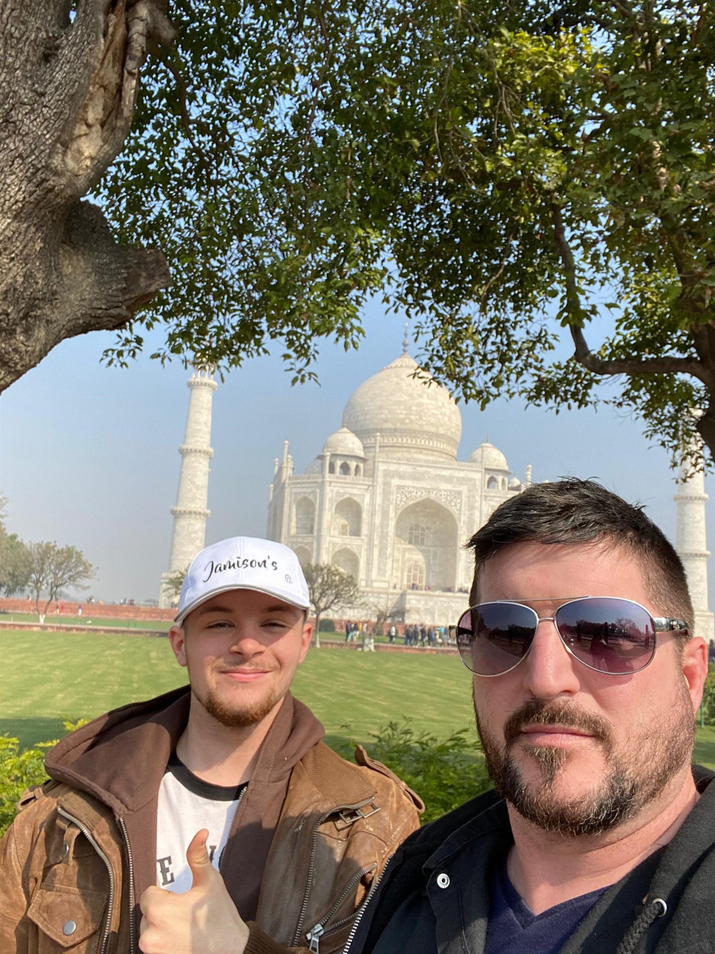 Barry Billcliff family travel selfie at the Taj Mahal in Agra, India
