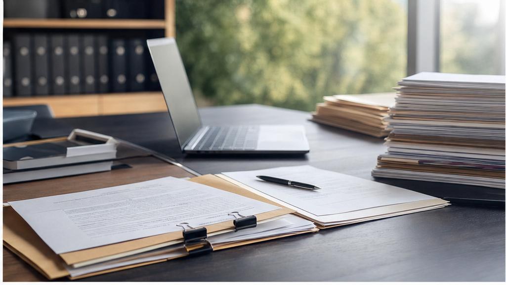 Organized public-record documents on a desk beside a laptop